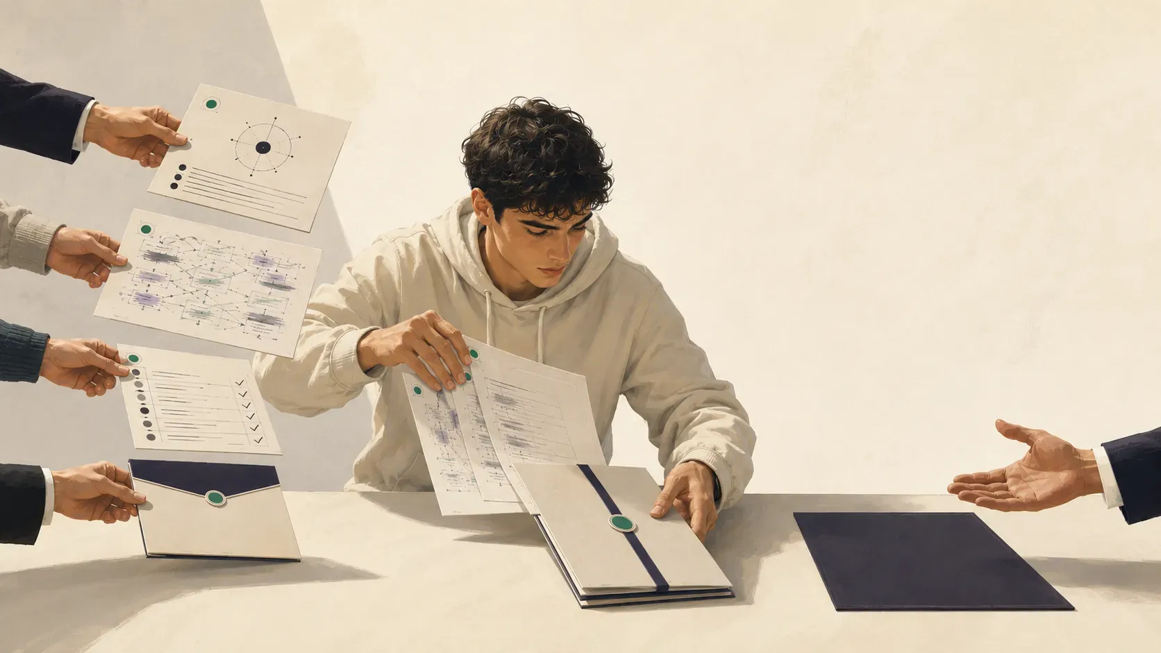 A student assembles documents handed to him by several people, while an employer waits with an open hand beside an empty folder