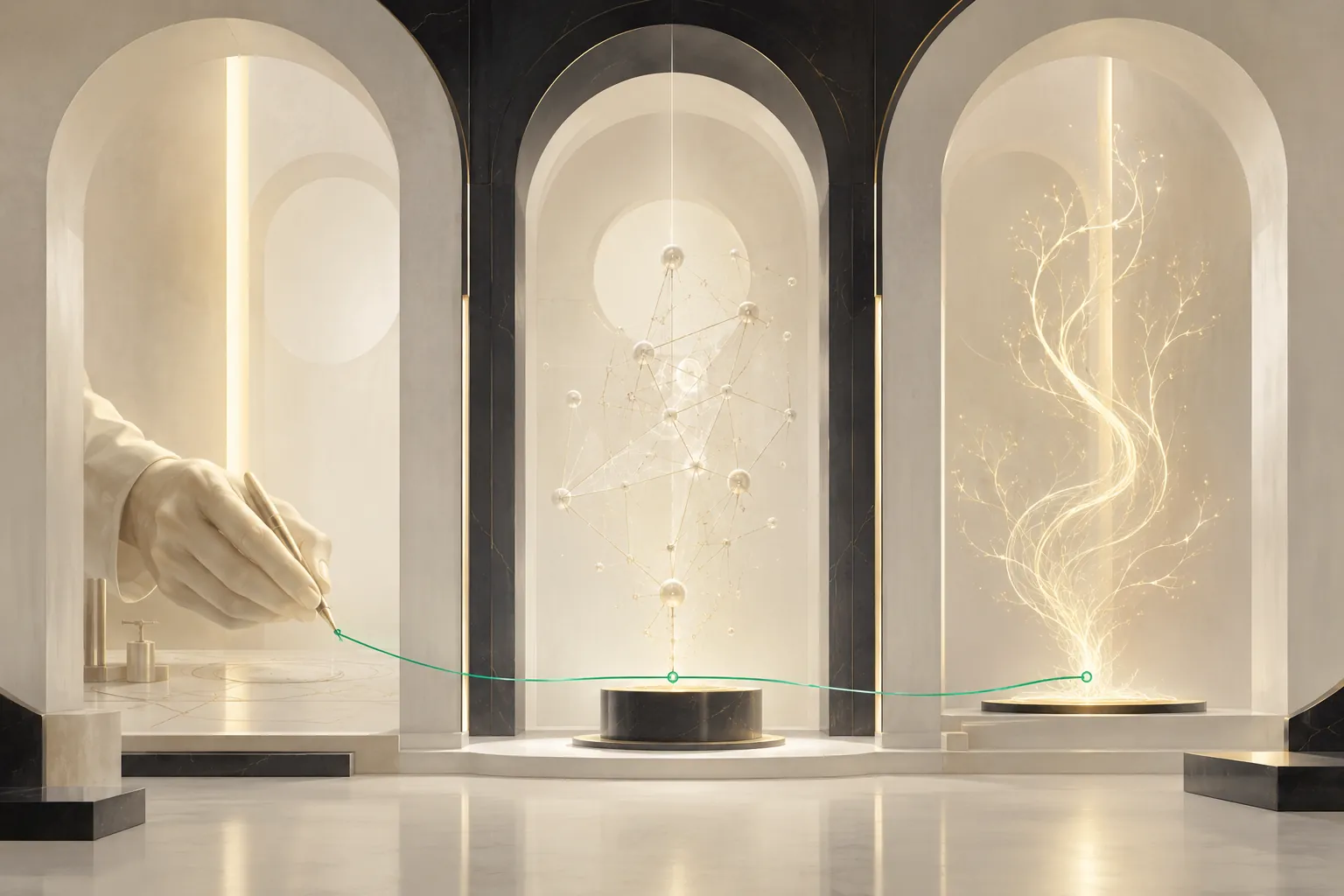 A hand drawing with a fine pen in the left arch, a lattice of connected spheres in the central arch and a glowing tree in the right arch, joined by one green line