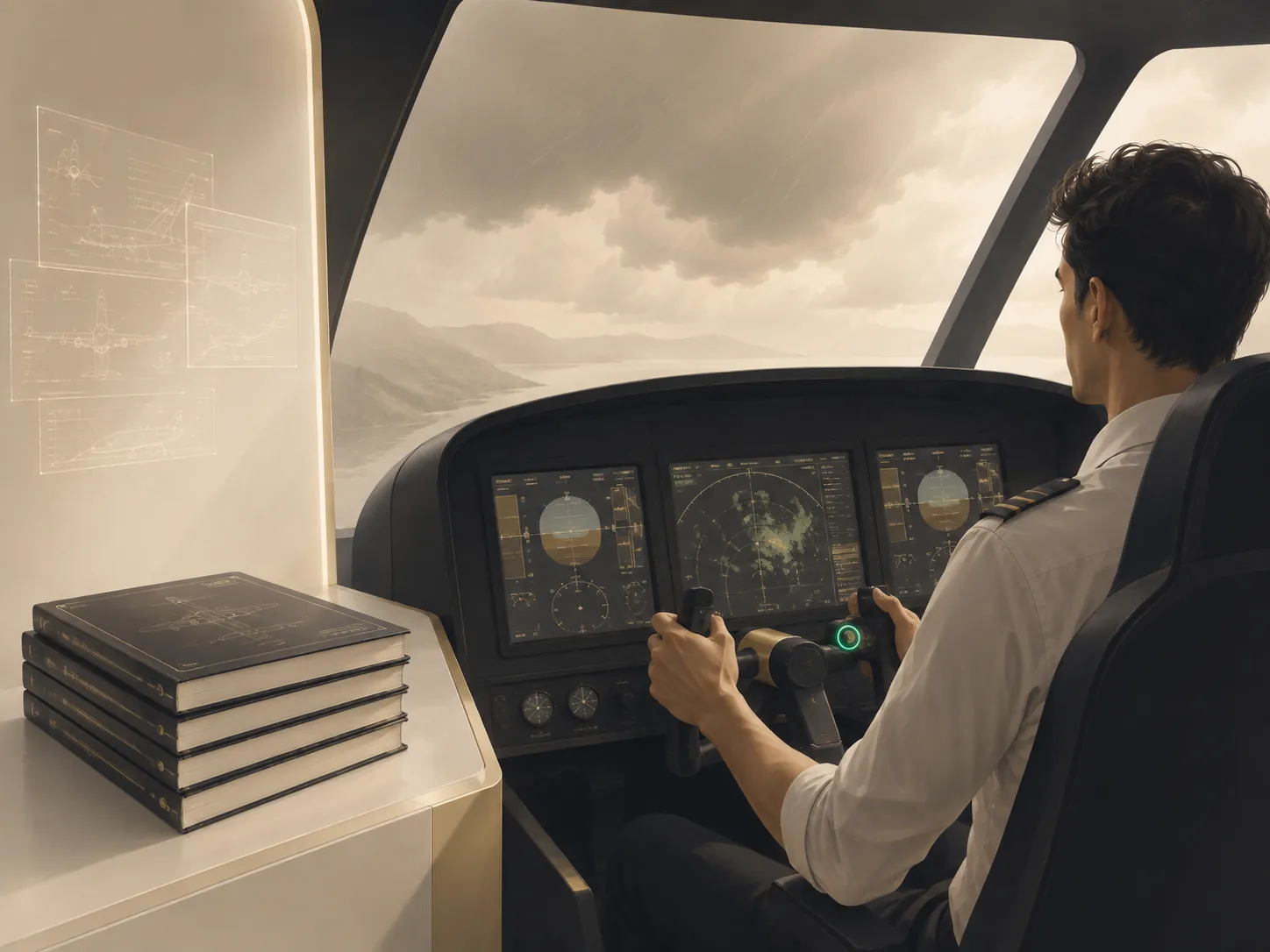 A pilot flying through rain and cloud with three instrument screens in front, a stack of aircraft manuals and technical drawings beside the cockpit