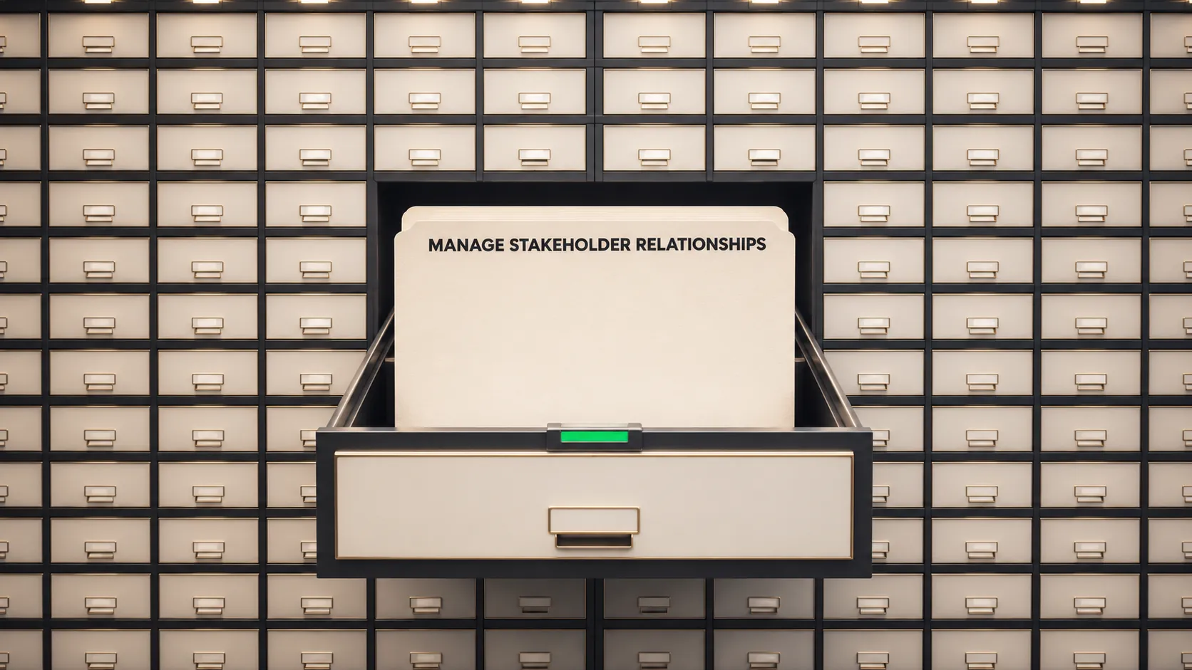A wall of filing drawers with one drawer open, showing a folder labelled Manage Stakeholder Relationships