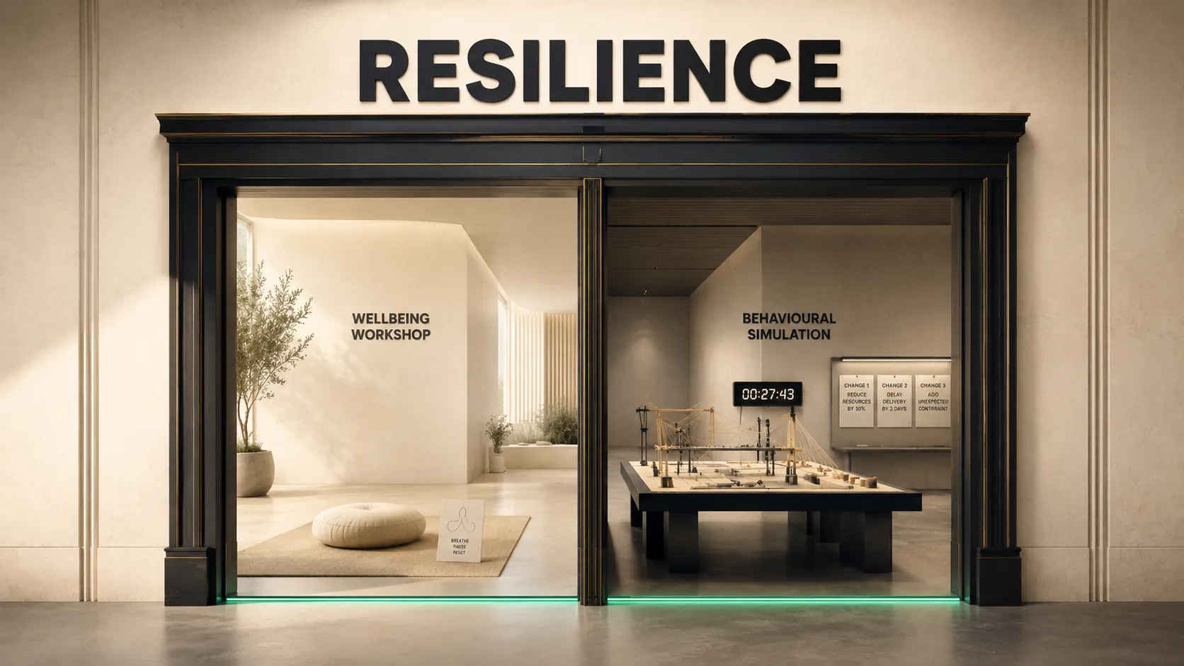 A doorway labelled Resilience opening onto two rooms: a wellbeing workshop and a behavioural simulation
