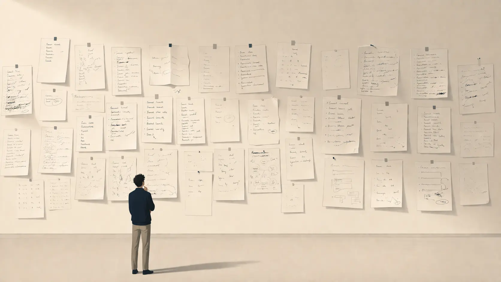A wall covered with the students’ skill sheets